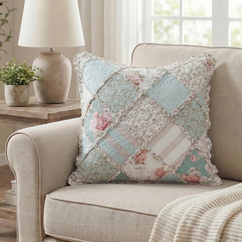 DaDa Bedding غطاء وسادة يورو مزخرف من دادا Bedding - لمسة من النعناع قطن حديقة ريفية - تجاعيد بألوان باهتة من الأزرق/الأخضر البحري - 26" x 26" - Image 3